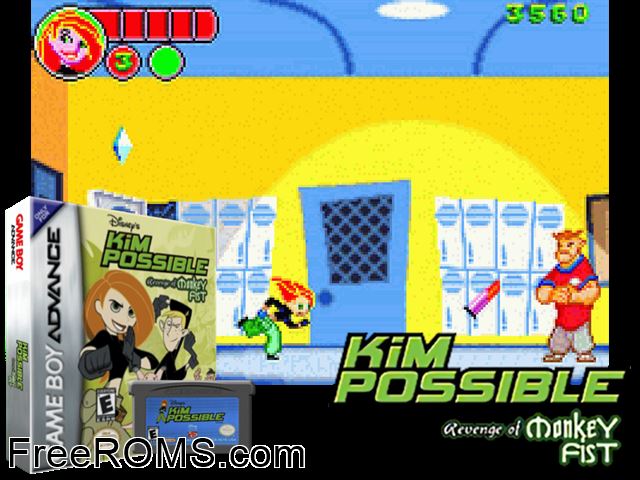 Kim Possible - Revenge Of Monkey Fist Gameboy Advance game showing 3D box cover and gameplay screenshot